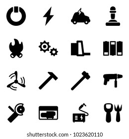 Solid vector icon set - standby vector, lightning, electric car, pawn, fire, gear, water power plant, battery, wind mill, hammer, sledgehammer, drill machine, Angular grinder, generator, welding