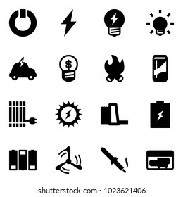 Solid vector icon set - standby vector, lightning, idea, bulb, electric car, business, fire, drink, sun panel, power, water plant, battery, wind mill, soldering iron, generator
