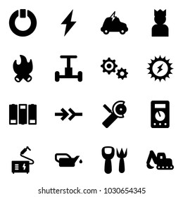 Solid vector icon set - standby vector, lightning, electric car, king, fire, gyroscope, gear, sun power, battery, connect, Angular grinder, multimeter, welding, oiler, shovel fork toy, excavator