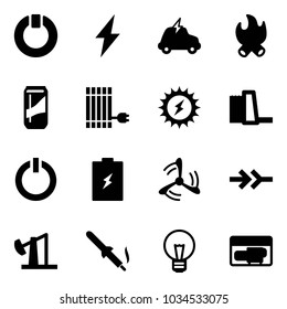 Solid vector icon set - standby vector, lightning, electric car, fire, drink, sun panel, power, water plant, button, battery, wind mill, connect, oil derrick, soldering iron, bulb, generator