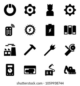 Solid vector icon set - standby vector, gear, king, remote control, sun power, battery, plant, hammer, wood drill, Angular grinder, multimeter, generator, welding, excavator toy