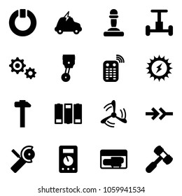 Solid vector icon set - standby vector, electric car, pawn, gyroscope, gear, piston, remote control, sun power, hammer, battery, wind mill, connect, Angular grinder, multimeter, generator, toy