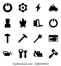 Solid vector icon set - standby vector, gear, lightning, electric car, king, fire, water power plant, button, hammer, wood drill, generator, oiler, shovel fork toy, excavator