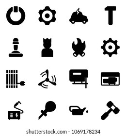 Solid vector icon set - standby vector, gear, electric car, work, pawn, king, fire, sun panel, wind mill, jig saw, generator, welding, oiler, toy hammer