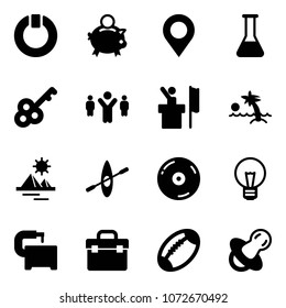 Solid vector icon set - standby vector, piggy bank, map pin, flask, key, team leader, speaker, palm, pyramid, kayak, cd, bulb, machine tool, box, football, soother