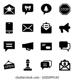 Solid vector icon set - star letter vector, bow message, merry christmas, stop road sign, phone, mail, opened, loudspeaker, chat, envelope, dialog, open, pawn, dollar