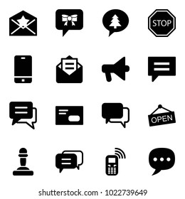 Solid vector icon set - star letter vector, bow message, merry christmas, stop road sign, phone, opened mail, loudspeaker, chat, envelope, dialog, open, pawn, mobile