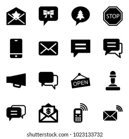 Solid vector icon set - star letter vector, bow message, merry christmas, stop road sign, phone, mail, chat, loudspeaker, dialog, open, pawn, dollar, mobile, wireless