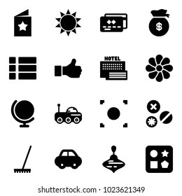 Solid vector icon set - star postcard vector, sun, credit card, money bag, menu, like, sea hotel, flower, globe, moon rover, record button, rivet, rake, car, wirligig toy, cube hole