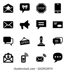 Solid vector icon set - star letter vector, bow message, stop road sign, phone, mail, loudspeaker, chat, envelope, dialog, open, pawn, dollar, mobile, wireless