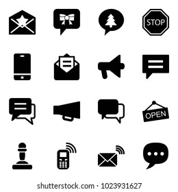 Solid vector icon set - star letter vector, bow message, merry christmas, stop road sign, phone, opened mail, loudspeaker, chat, dialog, open, pawn, mobile, wireless