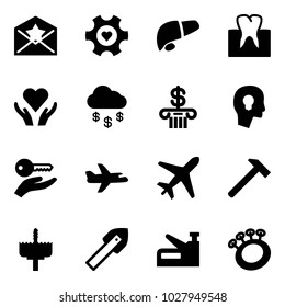 Solid vector icon set - star letter vector, heart gear, liver, tooth, care, money rain, bank, head bulb, key hand, plane, hammer, crown drill, tile, stapler, beanbag