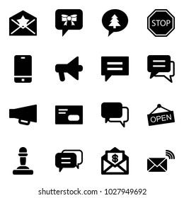 Solid vector icon set - star letter vector, bow message, merry christmas, stop road sign, phone, loudspeaker, chat, envelope, dialog, open, pawn, mail dollar, wireless