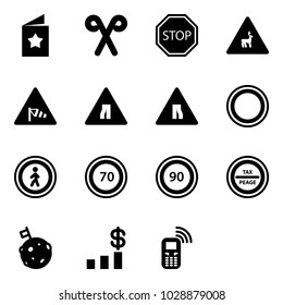 Solid vector icon set - star postcard vector, santa stick, stop road sign, wild animals, side wind, narrows, prohibition, no pedestrian, speed limit 70, 90, tax peage, moon flag, dollar chart