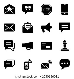 Solid vector icon set - star letter vector, bow message, stop road sign, phone, mail, opened, loudspeaker, chat, envelope, pawn, dialog, mobile, wireless