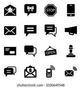 Solid vector icon set - star letter vector, bow message, stop road sign, phone, mail, chat, loudspeaker, envelope, dialog, open, pawn, dollar, mobile, wireless