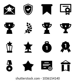 Solid vector icon set - star letter vector, shield check, flag, certificate, cup, golden branch, win, gold, award, medal, pennant