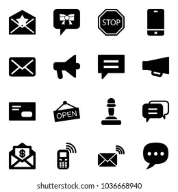 Solid vector icon set - star letter vector, bow message, stop road sign, phone, mail, loudspeaker, chat, envelope, open, pawn, dialog, dollar, mobile, wireless