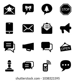Solid vector icon set - star letter vector, bow message, merry christmas, stop road sign, phone, mail, opened, loudspeaker, chat, dialog, open, pawn, mobile