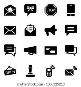 Solid vector icon set - star letter vector, bow message, stop road sign, phone, mail, opened, loudspeaker, chat, envelope, dialog, open, pawn, mobile, wireless
