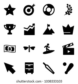 Solid vector icon set - star vector, target, circle chart, golden branch, gold cup, growth, mountain, crown, money, dragonfly, surfing, movie flap, cursor, tool cabinet, forceps, baseball bat