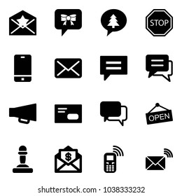 Solid vector icon set - star letter vector, bow message, merry christmas, stop road sign, phone, mail, chat, loudspeaker, envelope, dialog, open, pawn, dollar, mobile, wireless