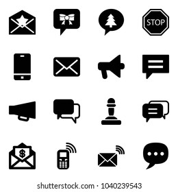 Solid vector icon set - star letter vector, bow message, merry christmas, stop road sign, phone, mail, loudspeaker, chat, dialog, pawn, dollar, mobile, wireless