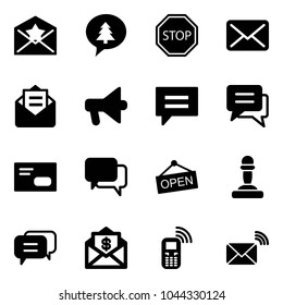 Solid vector icon set - star letter vector, merry christmas message, stop road sign, mail, opened, loudspeaker, chat, envelope, dialog, open, pawn, dollar, mobile phone, wireless