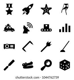 Solid vector icon set - star medal vector, rocket, starfish, kite, car baggage, satellite antenna, conveyor, chart, projector, staple, wood drill, hoe, rasp, crocodile, beanbag, bones