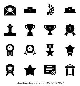 Solid vector icon set - star letter vector, pedestal, golden branch, winner, win cup, gold, medal, certificate, pennant
