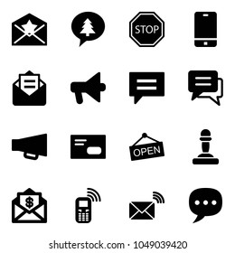 Solid vector icon set - star letter vector, merry christmas message, stop road sign, phone, opened mail, loudspeaker, chat, envelope, open, pawn, dollar, mobile, wireless