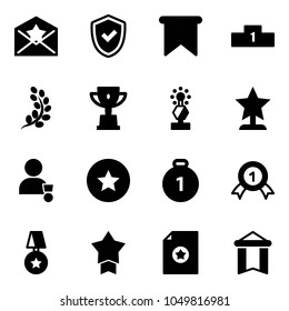 Solid vector icon set - star letter vector, shield check, flag, pedestal, golden branch, win cup, award, winner, medal, gold, certificate, pennant