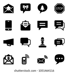 Solid vector icon set - star letter vector, bow message, merry christmas, stop road sign, phone, opened mail, chat, loudspeaker, dialog, pawn, dollar, mobile, wireless