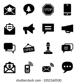 Solid vector icon set - star letter vector, merry christmas message, stop road sign, phone, opened mail, loudspeaker, chat, dialog, open, pawn, dollar, mobile, wireless