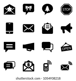 Solid vector icon set - star letter vector, bow message, merry christmas, stop road sign, phone, mail, opened, loudspeaker, chat, dialog, open, dollar, mobile, wireless