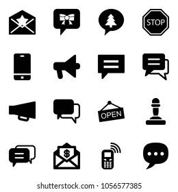 Solid vector icon set - star letter vector, bow message, merry christmas, stop road sign, phone, loudspeaker, chat, dialog, open, pawn, mail dollar, mobile