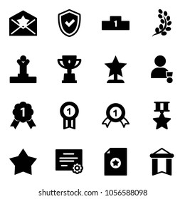 Solid vector icon set - star letter vector, shield check, pedestal, golden branch, winner, win cup, award, gold medal, certificate, pennant