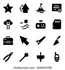 Solid vector icon set - star vector, arrow up, mountain, certificate, cloud ladder, waves, joystick wireless, micro flash card, case, cursor, saw, trowel, pliers, wood drill, crown, phone toy