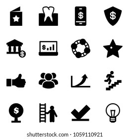 Solid vector icon set - star postcard vector, tooth, mobile payment, safe, account, statistics, friends, like, group, growth arrow, career, money tree, opportunity, check, bulb