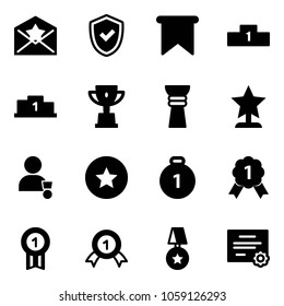 Solid vector icon set - star letter vector, shield check, flag, pedestal, win cup, award, winner, medal, gold, certificate