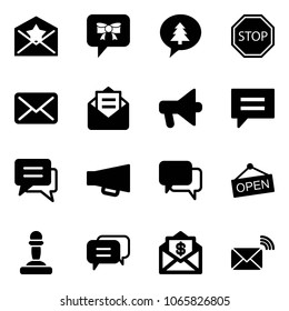 Solid vector icon set - star letter vector, bow message, merry christmas, stop road sign, mail, opened, loudspeaker, chat, dialog, open, pawn, dollar, wireless