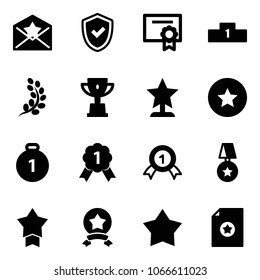 Solid vector icon set - star letter vector, shield check, certificate, pedestal, golden branch, win cup, award, medal, gold