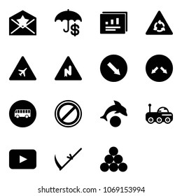 Solid vector icon set - star letter vector, insurance, statistics report, round motion road sign, airport, abrupt turn right, detour, bus, no parking, dolphin, moon rover, playback, scythe