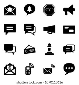 Solid vector icon set - star letter vector, merry christmas message, stop road sign, loudspeaker, chat, envelope, dialog, open, pawn, mail dollar, mobile phone, wireless