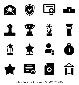 Solid vector icon set - star letter vector, shield check, certificate, pedestal, winner, win cup, award, gold medal, pennant