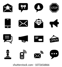 Solid vector icon set - star letter vector, bow message, merry christmas, stop road sign, phone, mail, opened, loudspeaker, chat, envelope, open, pawn, mobile, wireless