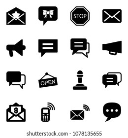 Solid vector icon set - star letter vector, bow message, stop road sign, mail, loudspeaker, chat, dialog, open, pawn, dollar, mobile phone, wireless