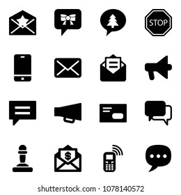 Solid vector icon set - star letter vector, bow message, merry christmas, stop road sign, phone, mail, opened, loudspeaker, chat, envelope, dialog, pawn, dollar, mobile