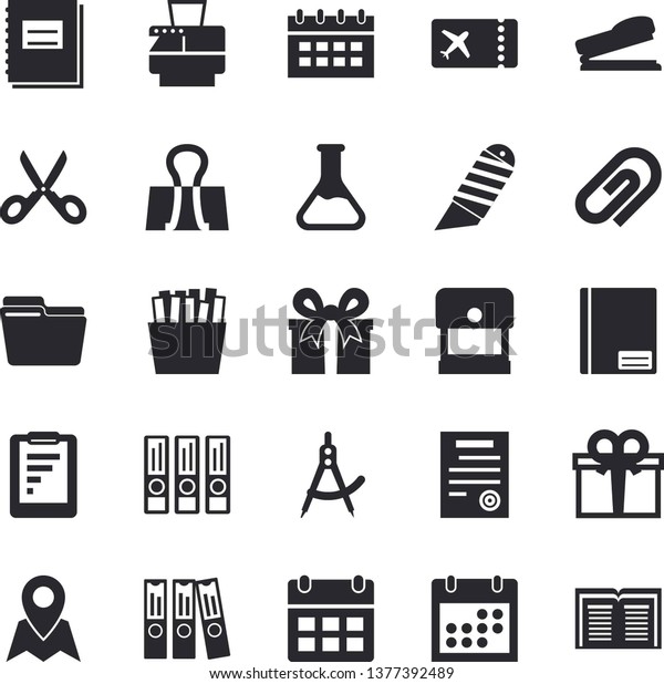 Solid vector icon set - stationery knife flat\
vector, scissors, French fries, chemistry, dividers, graphic\
report, present, calendar, notebook, computer file, folder, copy\
machine, contract,\
stapler