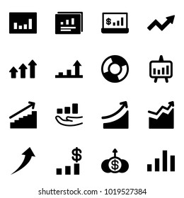 Solid vector icon set - statistics vector, report, account, growth arrow, arrows up, circle chart, presentation, rise, dollar